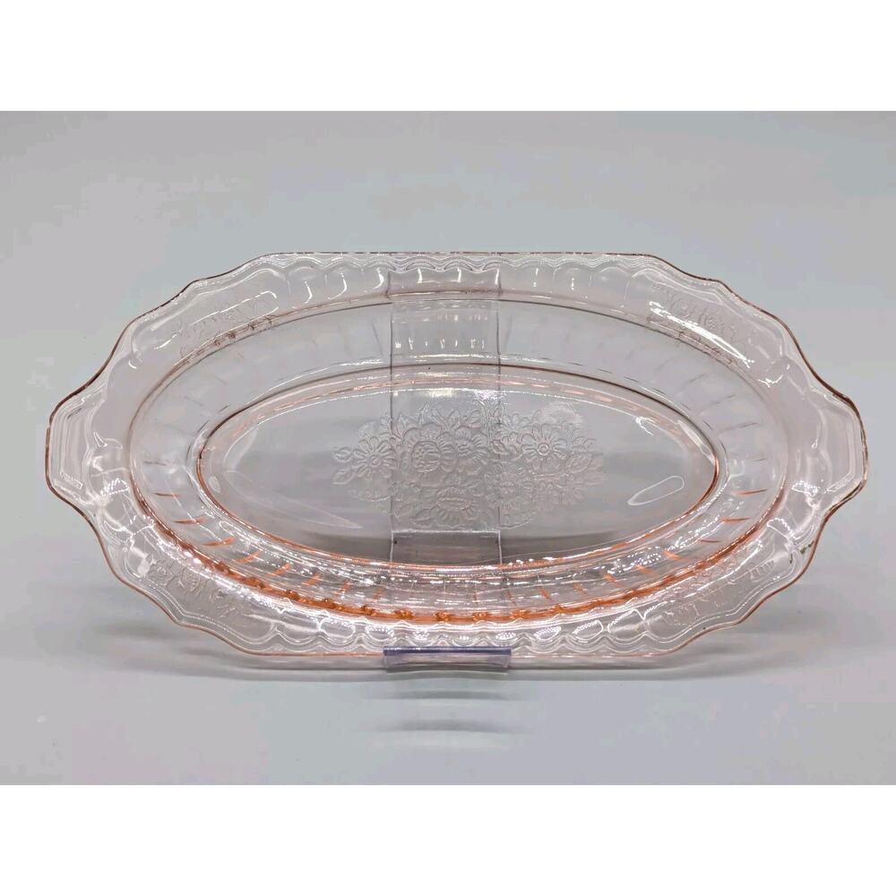 Vintage Anchor Hocking Mayfair Pink Open Rose Depression Glass Oval 11" Dish